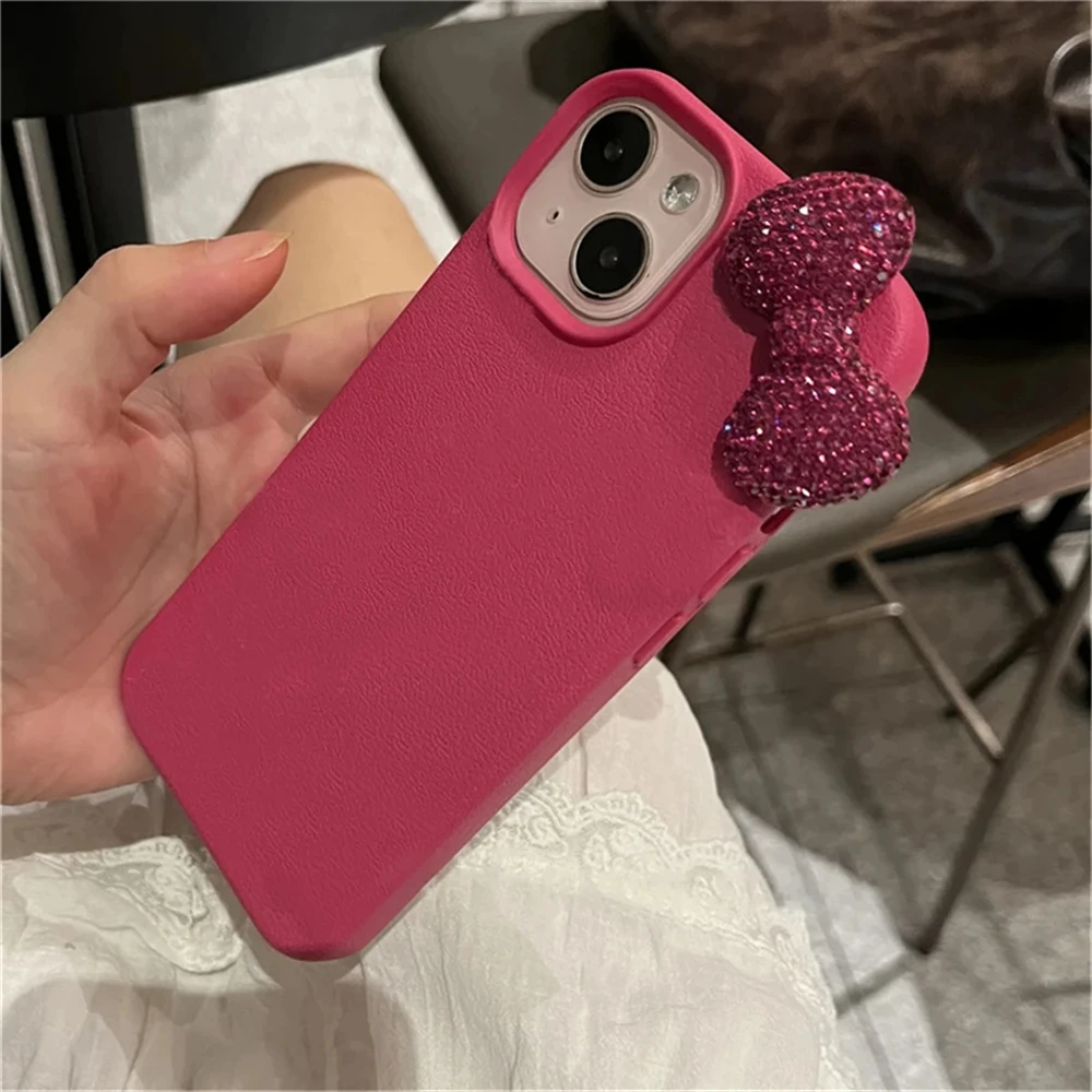 Luxury 3D Rhinestone Bowknow Litchi Pattern Phone Case For iPhone 16 15 12 11 Pro Max 14 Plus 13 Mini X XR XS 7 8 SE2 Soft Cover