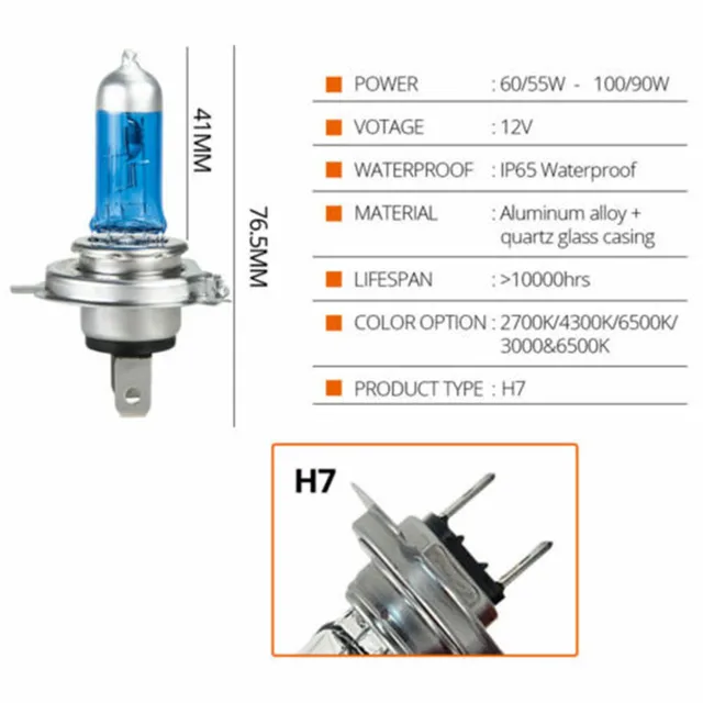 4pcs  White 12V H7 100W 6000K Halogen Lamp Super Bright Halogen Car Headlight Bulbs SUPERWHITE HALOGEN H7 Headlight Bulbs 6