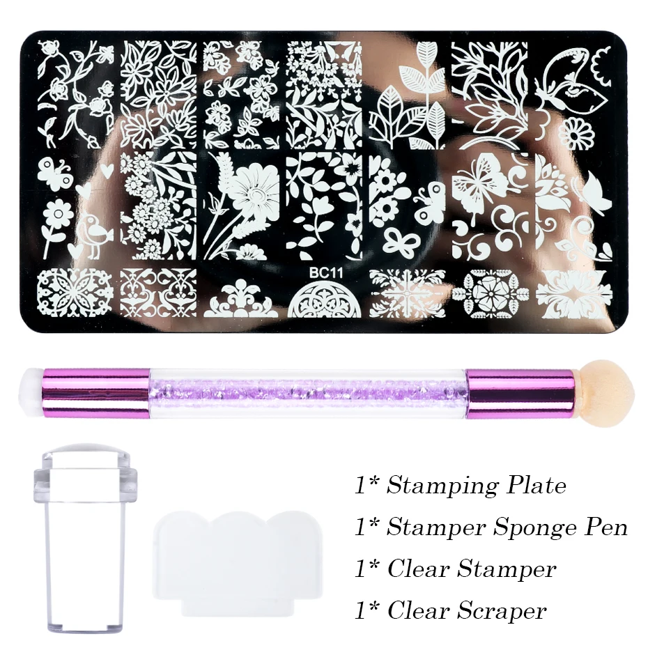 4pcs Nail Art Stamping Plate Flower Lace Patterns Image Stencil Stamper Gradient Nail Brush Set Template Tools nail art tools