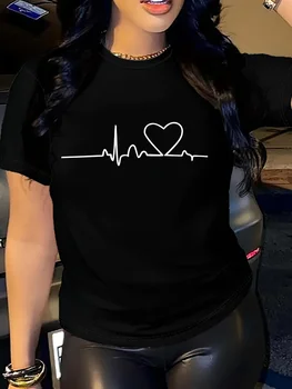 Heart Print T-shirt Short Sleeve Crew Neck Casual Top For Summer & Spring Women's Clothing  y2k top 1