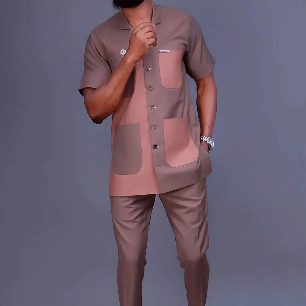 

African Suit M-4XL African Clothes for Men Summer Fashion African Men Short Sleeve Polyester Two Pieces Sets Top and Long Pant