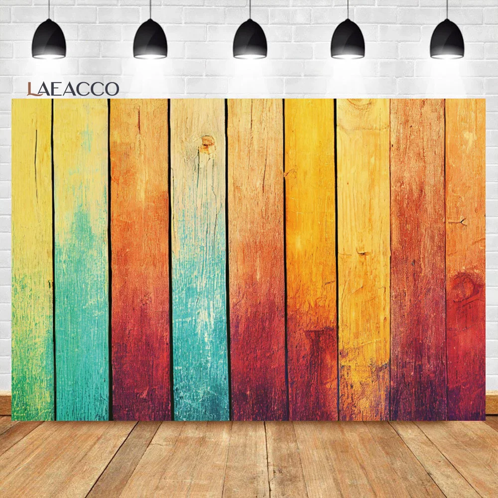 

Laeacco Vintage Grunge Wooden Board Backdrop Rainbow Colored Rustic Wood Plank Wedding Birthday Portrait Photography Background