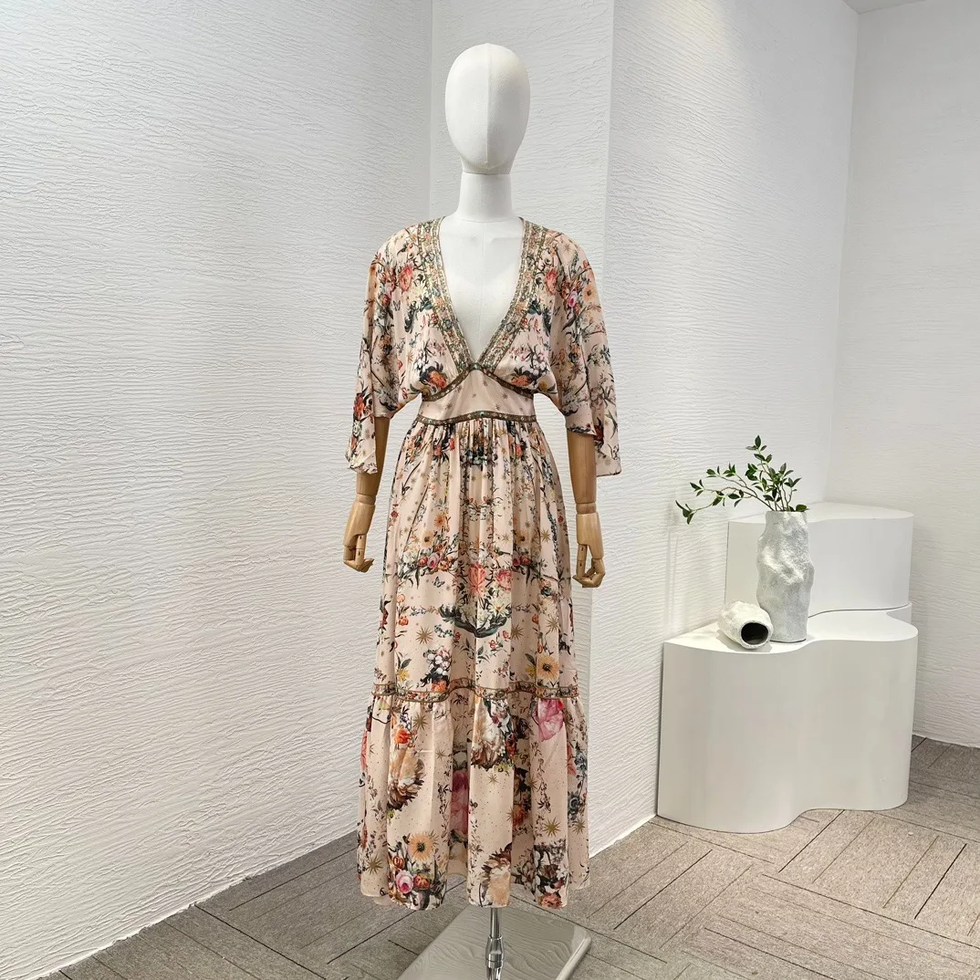 

Silk 2024 New High Quality Vintage Lotus Root Pink Flower Butterfly Print 3/4 Sleeve Diamonds Pressed V-Neck Midi Dress