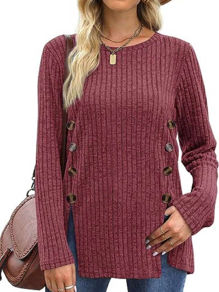 

Fashion Woman Blouse 2023 Autumn/Winter Round Neck Double Breasted Hem Split Loose Commuter Knitwear Women's Clothing Pullers