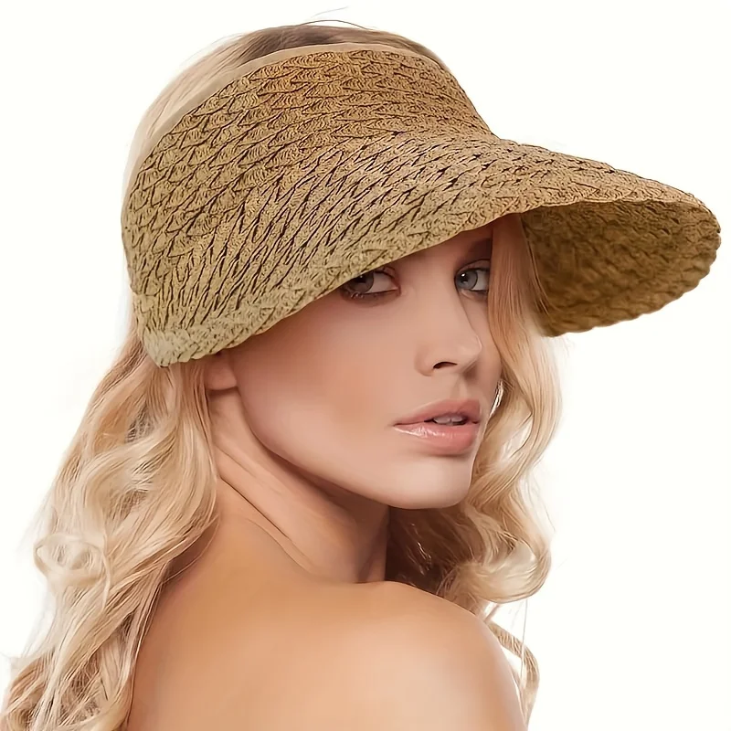 Women's Summer Sun Visor Hat, Foldable Straw Breathable Open-Top , Travel Beach Running Fashion Accessory