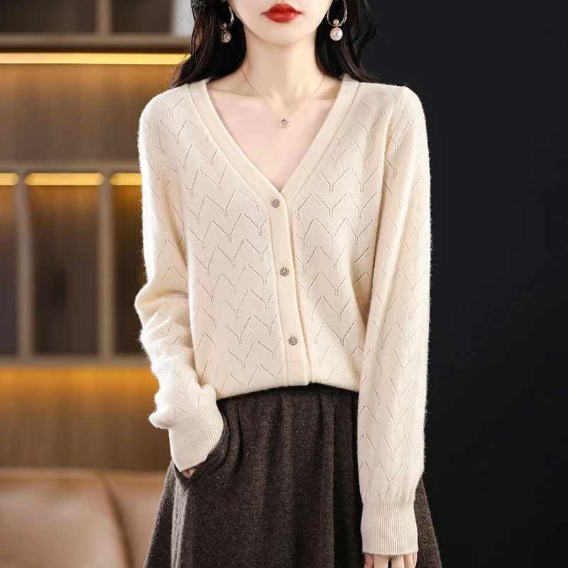 

Wool V-Neck Knitted Cardigan Women's High-End Simple All-Match Top Early Autumn New Casual Solid Color Hollow Sweater Coa
