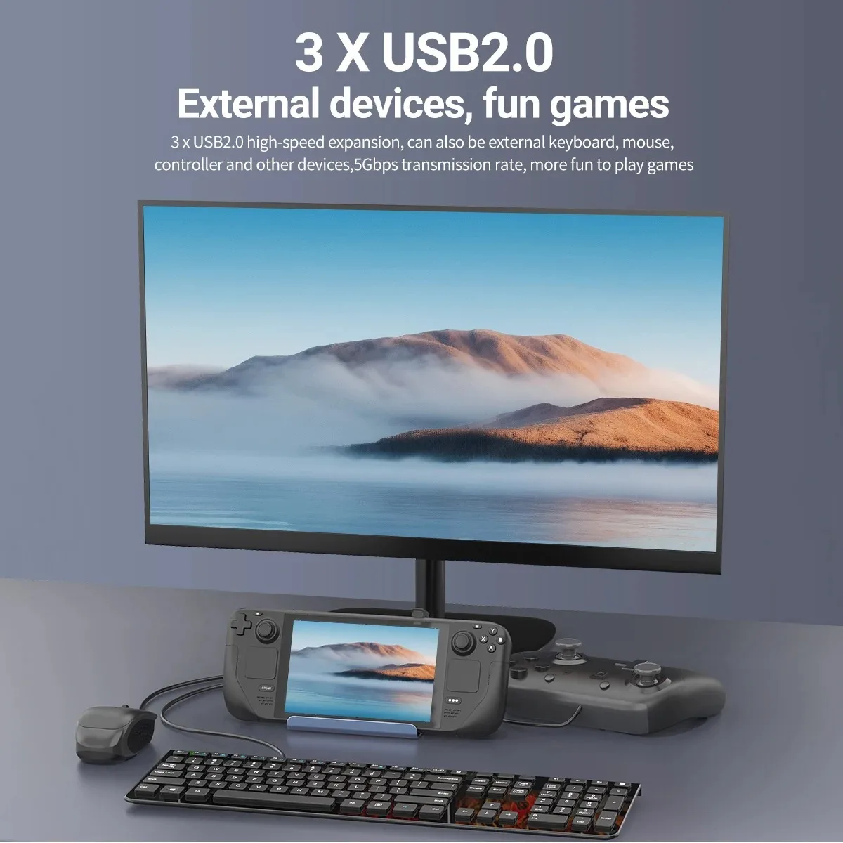 KEBIDUMEI 6-in-1 USB C 도킹 스테이션 (스팀 덱, ROG Ally, 스위치, 아이패드용) 타입 C to HDMI 4K@60Hz PD 100W 3개 USB 2.0 게임 허브 USB C Dock