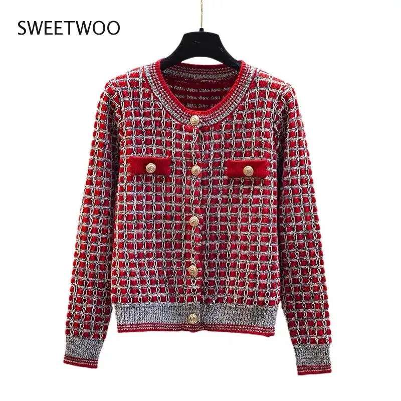 

Plaid Cardigans Sweater Women Korean Style Long Sleeve Autumn Winter Outwear Button Design Single-Breasted Knitted Cardigan Tops