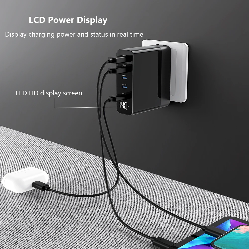 Ubigbuy GaN 140W USB C PD Charger, LED Display 5-Port PD100W PPS45W QC60W Fast Charging for MacBook Pro/Air iPhone 13 Galaxy S22