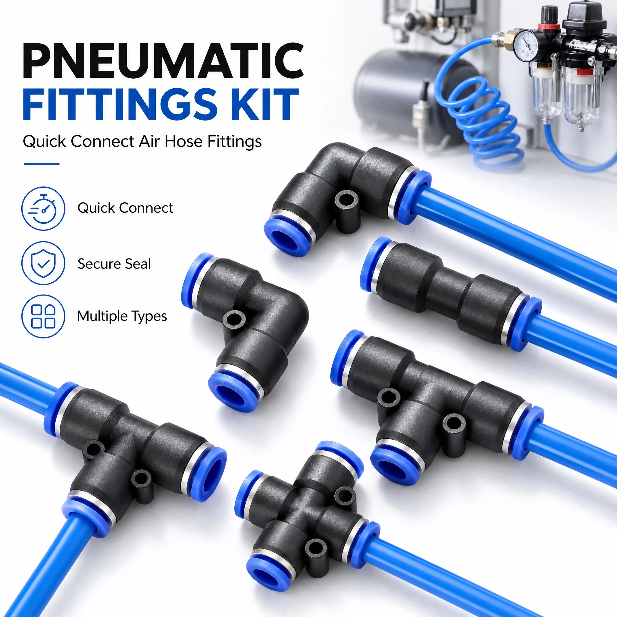 32PCS Pneumatic Fittings Kit 4mm 6mm 8mm 10mm Push to Connect Air Hose Connectors Straight Elbow Tee Y Splitter Quick Release 1