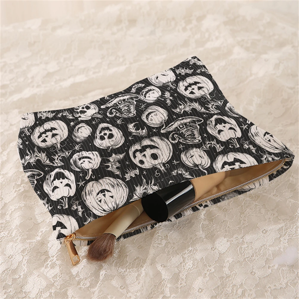 1 pumpkin and bat patterned corduroy makeup bag, lightweight zipper makeup storage box, multifunctional bag with lining