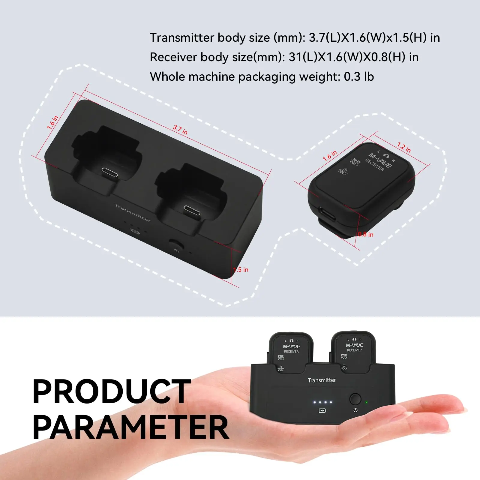 M-VAVE WP-12 2.4GHz Wireless In-Ear Monitoring System 1 Transmitter + 2 Receivers 3ms Ultra-Low Latency 24-Hour Playback wireless earphone monitor