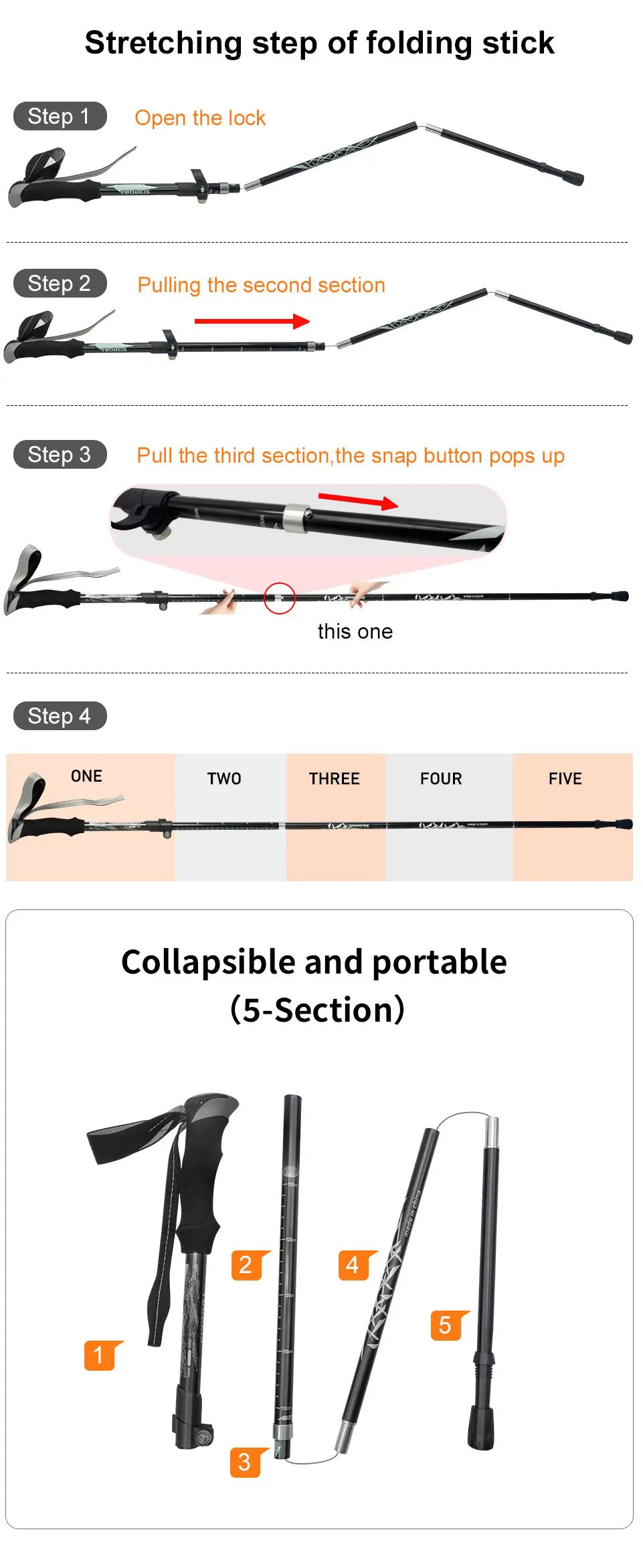 WESTTUNE Outdoor Fold Trekking Pole 5-Section Collapsible Telescopic Stick Camping Lightweight Walking Hiking Climbing Stick