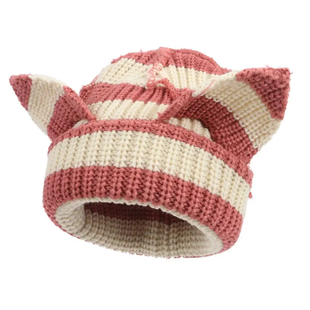 Elastic Winter Headwear Warm Stylish Women's Winter Hat with Demon Ear Design Thick Knitted Beanie for Cold Weather for Outdoor