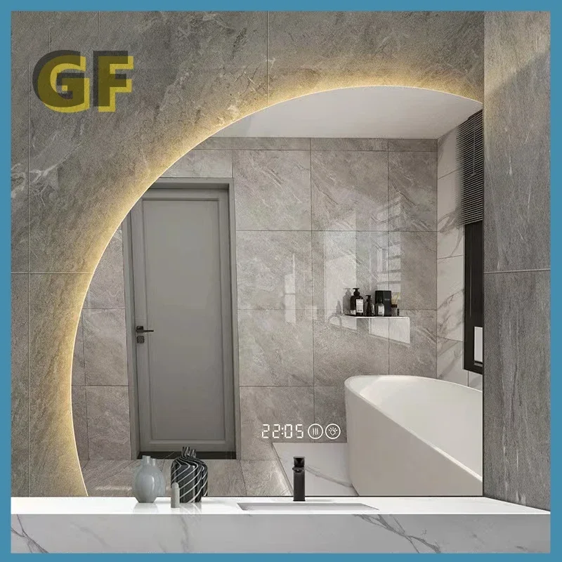 Bathroom mirror frameless touch sensor Bluetooth decorative wall mounted intelligent bathroom half moon mirror with LED light