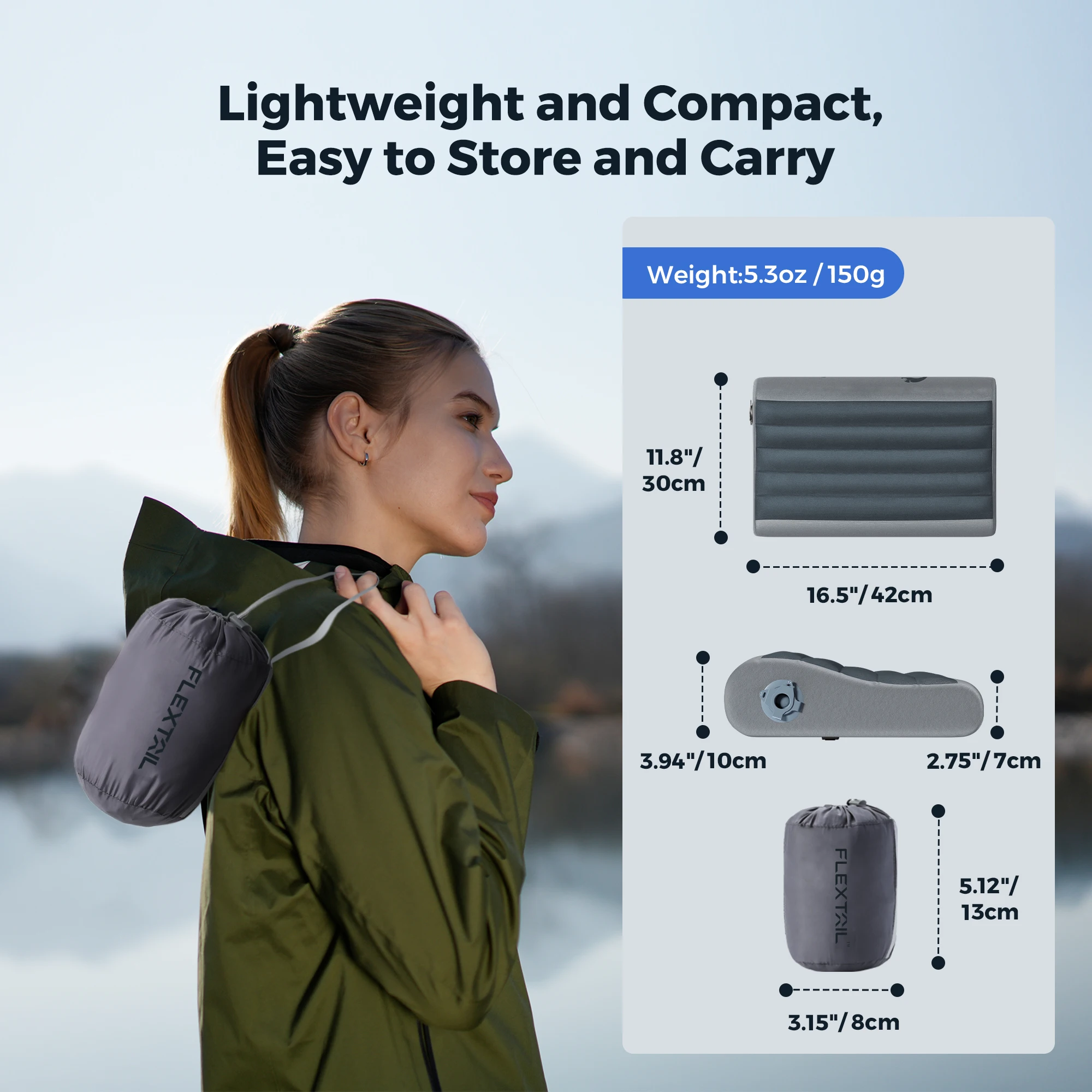FLEXTAIL ZERO PILLOW - כרית מתנפחת ארגונומית עם תמיכה כפולה לנסיעות ולבית, קלת משקל, ניתנת לכביסה, שקטה במיוחד