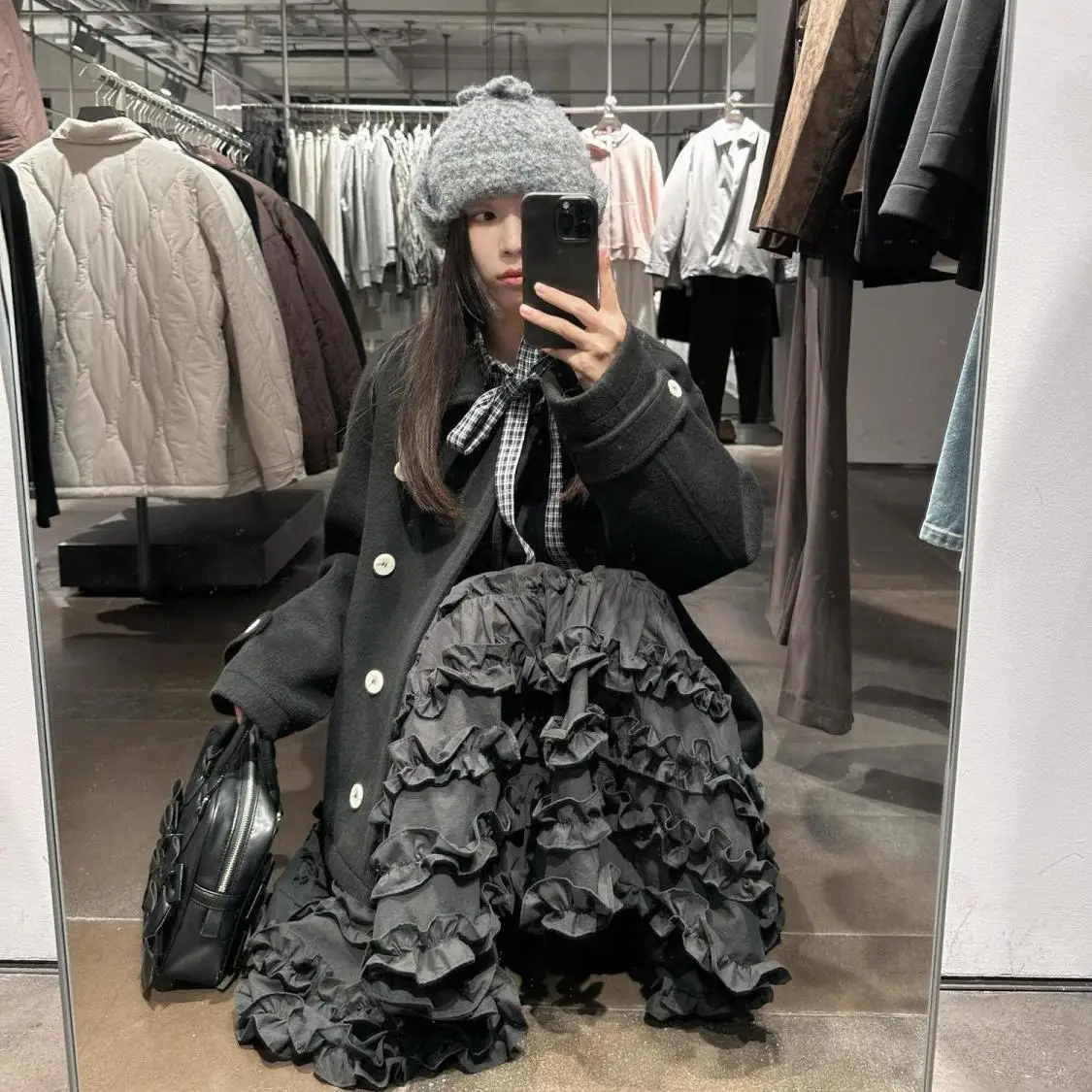 레트로 그레이 Y2K 케이크 하프 스커트 헤비 워크 미디 길이 여성 스커트 패치..