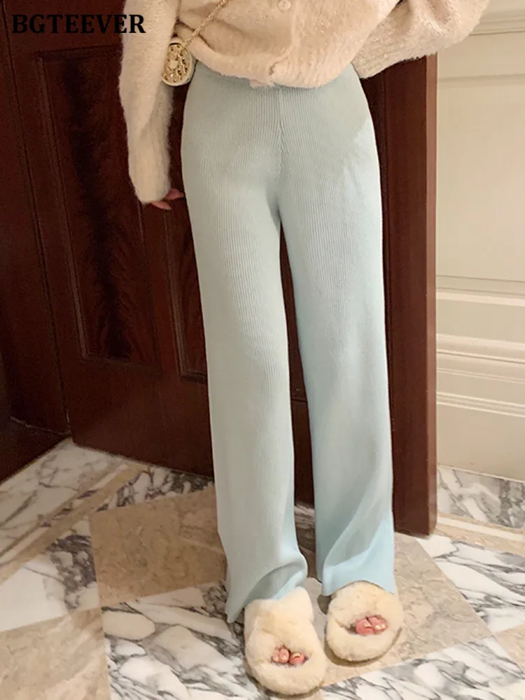 

Стильные трикотажные широкие брюки BGTEEVER с эластичным поясом, женские осенне-зимние теплые брюки, женские прямые брюки с разрезом