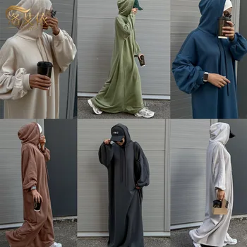 Muslim Fashion Hoodie Abaya Women Dresses Daily Wear Sweatshirt Abaya Casual Dresses Plain Loose Women Abaya Islamic Clothing