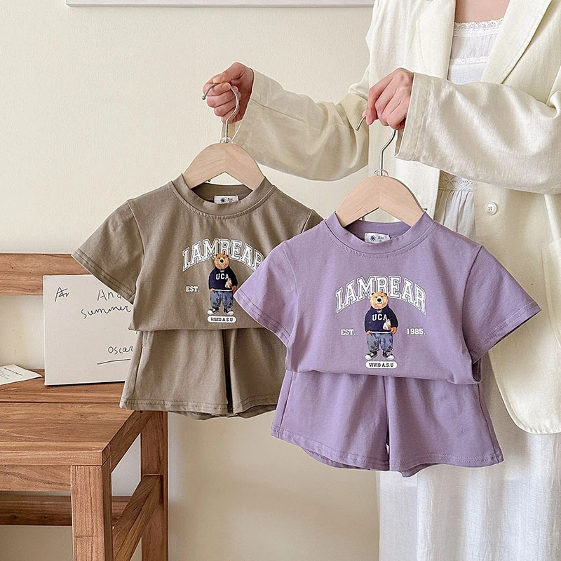 2 teil/satz T-shirt + Shorts Kinder Kleidung Gedruckt Cartoon Tees Casual Outfits Sommer Koreanischen Stil mode mädchen junge trainingsanzüge