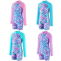 2024 Summer Girls Mermaids Long Sleeves Round Neck One-piece Swimsuit For 4-12Years Children Fish Scale 3D Print Bathing Suit 1