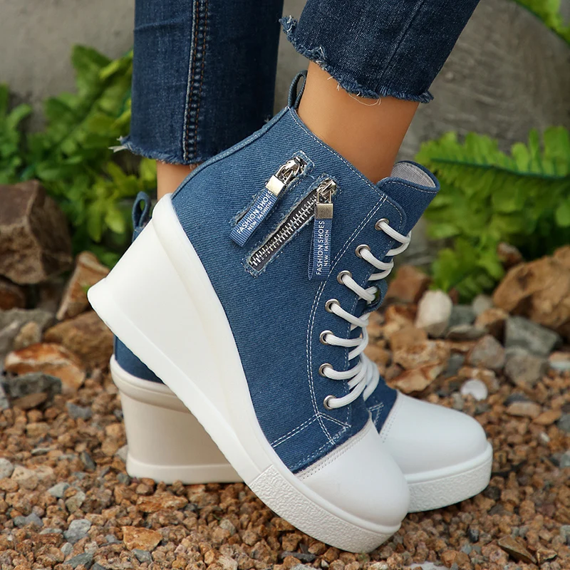 Women's Casual High Top Denim Sneakers Zipper Decor Wedge Heel