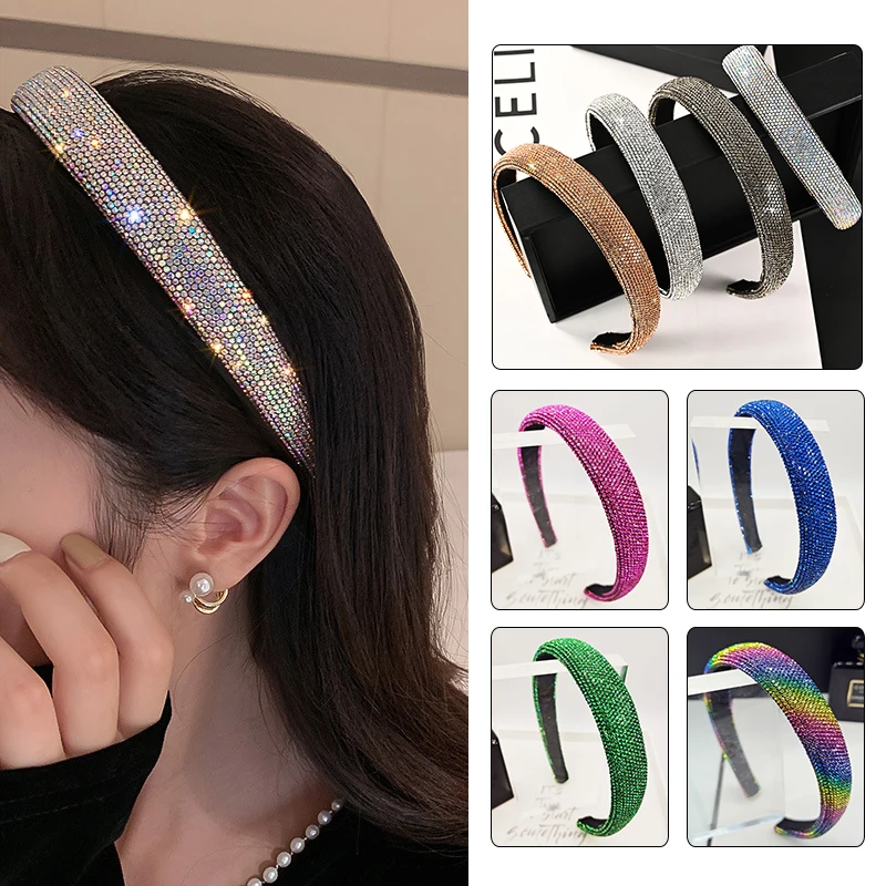 Shiny Full Rhinestone Headbands Sparkly  Hair Hoop Crystal Beaded Hairbands Solid Color Head Hoop Non-slip Hair Accessories