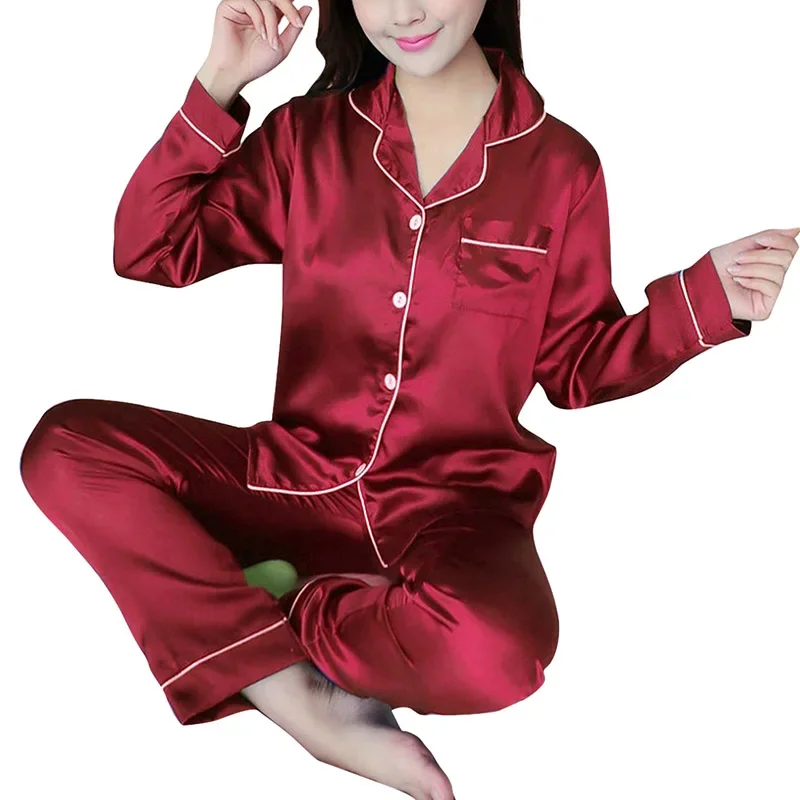 Women's Pajamas Sleepwear Autumn Long Sleeve Mujer Pijamas Sexy Nightwear 2 Pieces Suit Silk Satin Pyjamas Sets Plus Size women pajamas set,women pajama suit