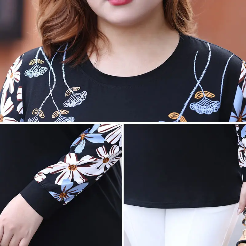 Women Plus Size Clothes Black Long Sleeve Pullover Tops Vintage Floral Printing Spring Autumn Crew Neck Loose Bottoming T-Shirt
