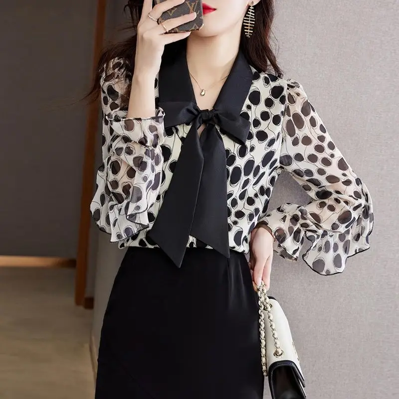 2023 Spring New Polka Dot Printing Scarf Collar Lace-up Loose Long Sleeves Office Lady Comfortable Leisure Chiffon Shirt Top