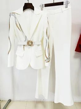 HIGH STREET Newest Fashion 2025 Designer Runway Suit Set Women's Colorful Diamonds Belted Blazer Flare Pants Suit 2pcs 1