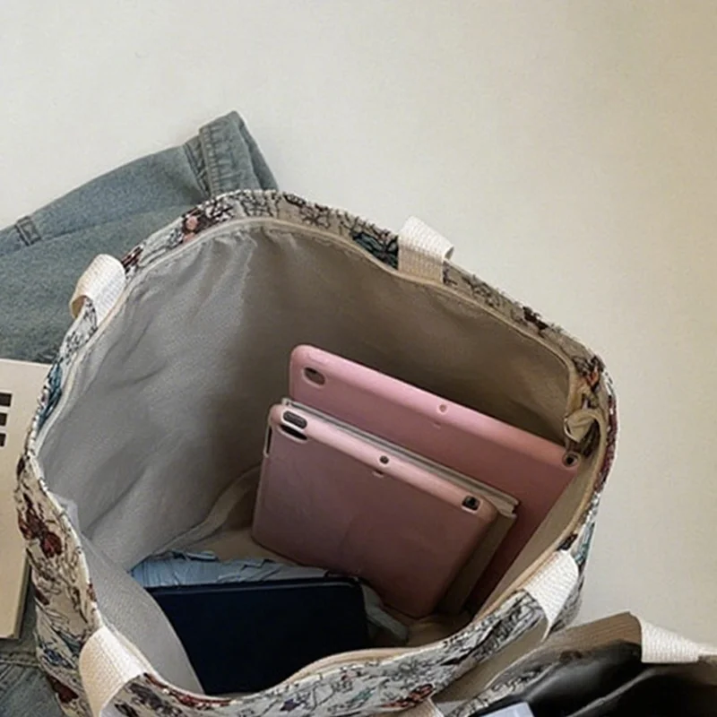 Women's Bag Butterfly Flower Print Embroidery Shoulder Bags Fashionable Canvas Handbags Large Capacity Zipper Shopping Bag