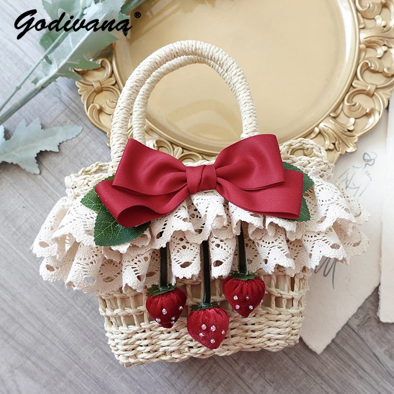 2023 summer chinese style hemmed kids empty top hat foldable big brim hand embroidered baby girl beach straw hat Lolita Bag for Women Girls 2023 New Strawberry Flowers Handmade Sweet Spring Outing Straw Bag Cute Handbags