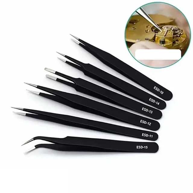 6pcs Precision Long Tweezers Set ESD Anti-Static Stainless SteelTweezers Repair Tools For Electronics Repair Soldering Craft 1