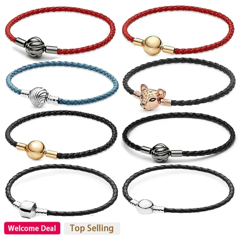 New Women's Boutique Jewelry 925 Sterling Silver Moments Series Leather Bracelet Original Logo 1:1 Women's Gift