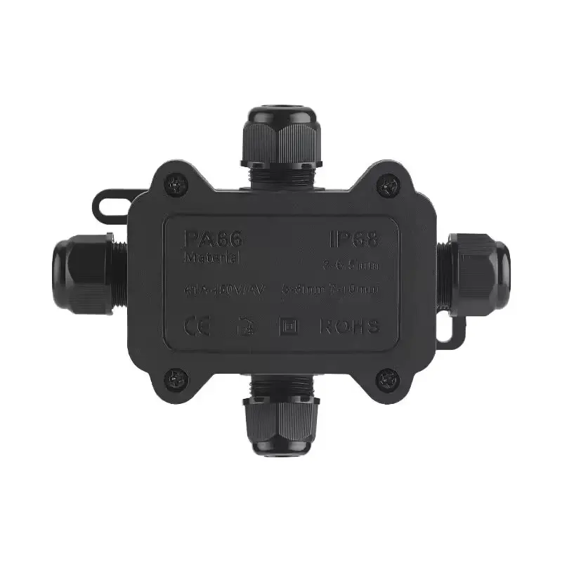 Outdoor Waterproof Black Junction Box - IP68 Rated, 3-Way Mini Connector with Durable ABS and PC Plastic