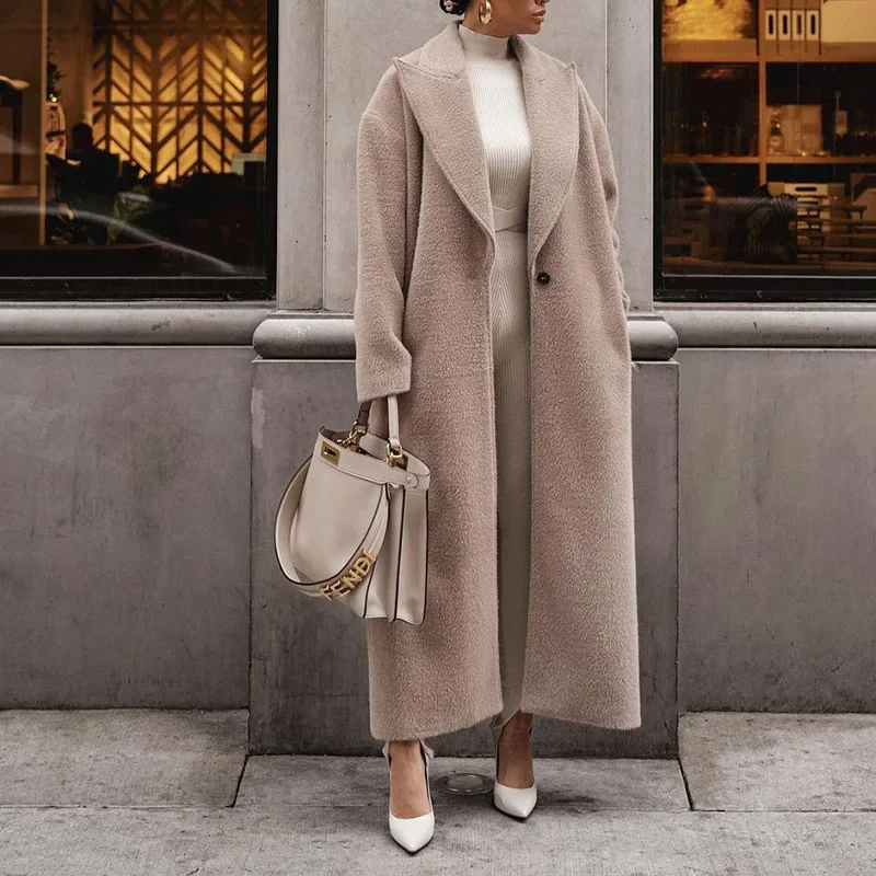

Wool Blends for Women Long Sleeve Streetwear Fashion Jackets Pocket Plush Top Autumn Winter Lapel Thickening Warm Women Coats