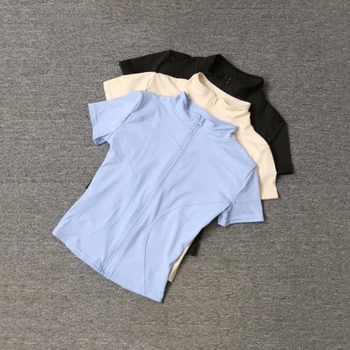 Summer High Quality Waist Slimming Training Tops Women's Quick-drying Tight Stand Collar Full Zipper Short Sleeves Yoga shirts 1