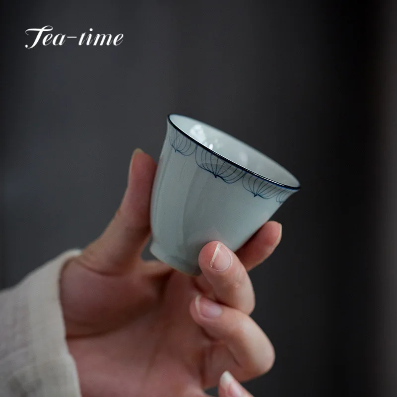 50ml Hand-painted Lotus Simple Antique Blue and White Bamboo Hat Tea Cup Ceramic Kung Fu TeaSet Master Personal Small Single Cup