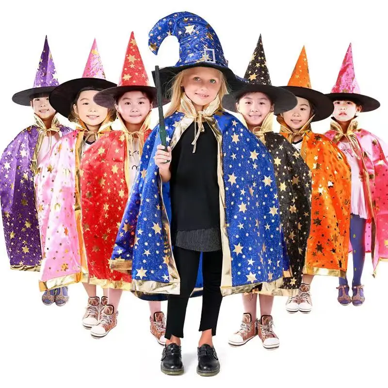 

Halloween Kids Witch Hats Star Pattern Cape Set Masquerade Wizard Hat Children Cosplay Costume Show Costume Party Dress Up Gift