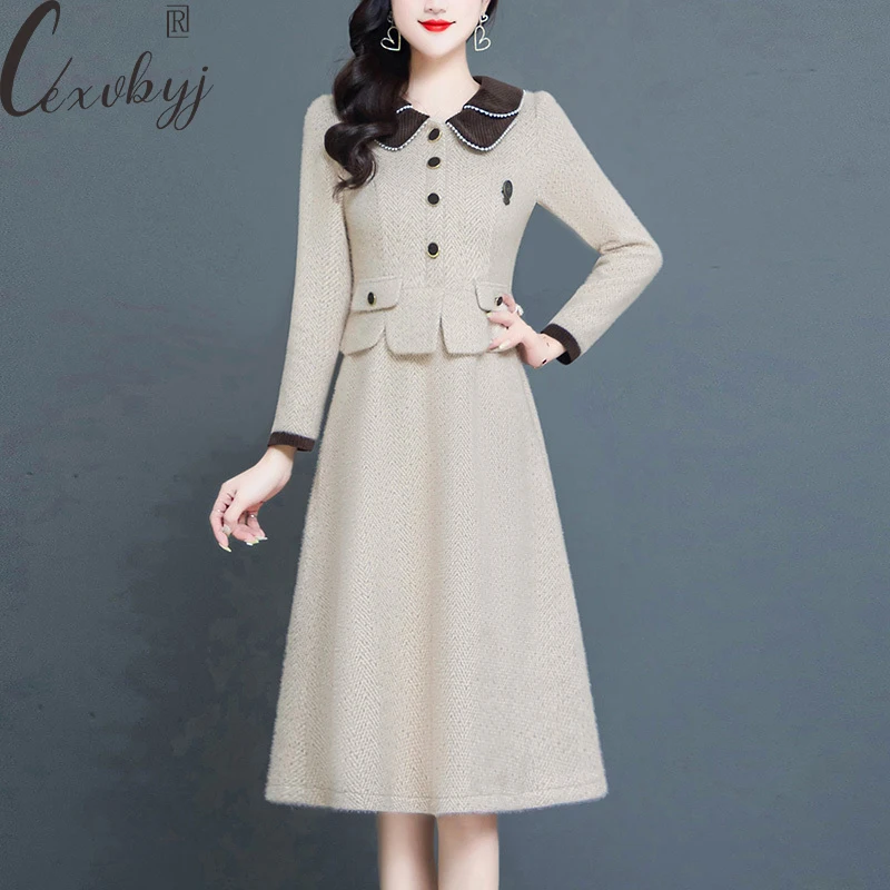 

Office Lady Fake Two Peice Dress 2023 Spring Autumn Long Sleeve Elegant Party Dress Plus Size Peter Pan Collar Vintage Vestidos