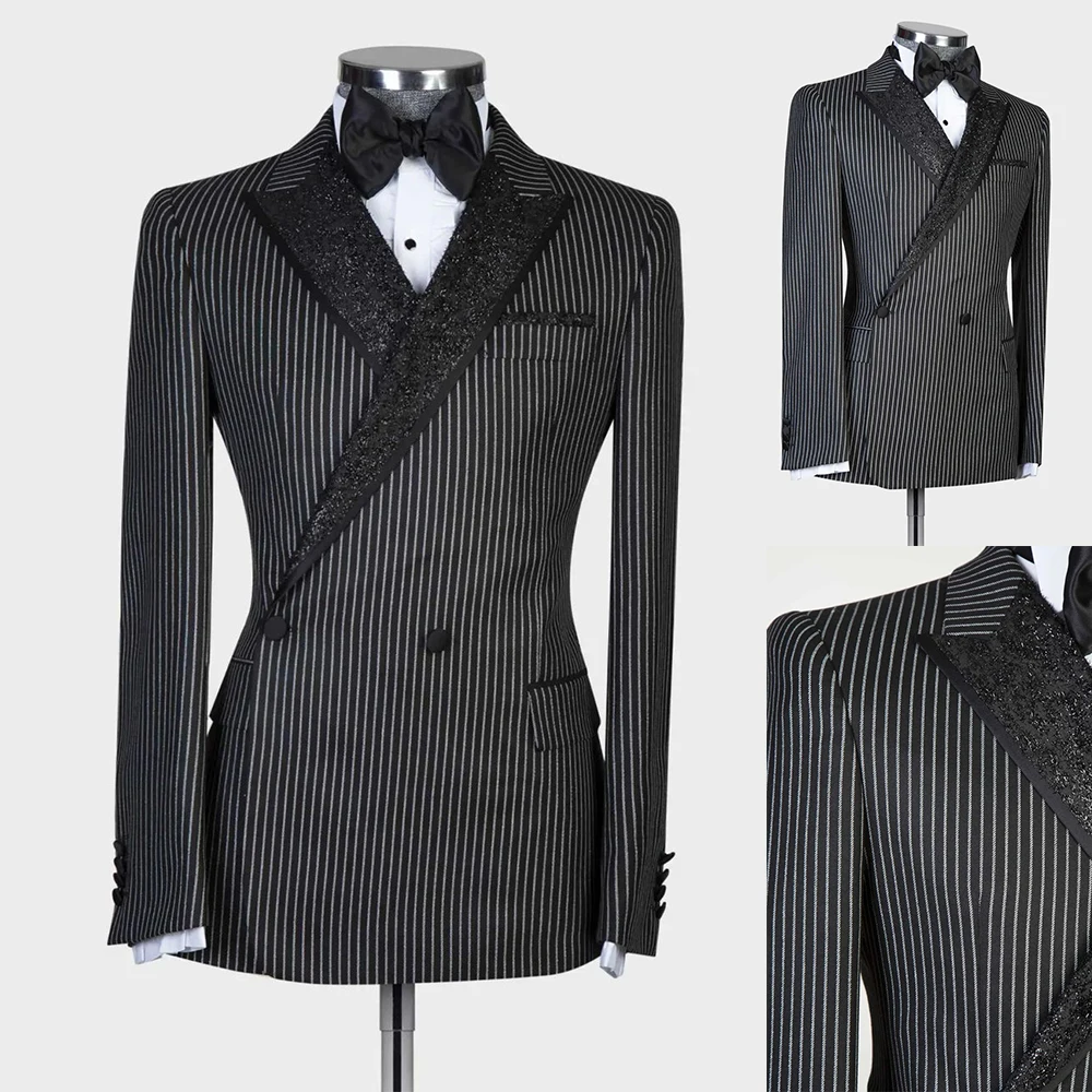 

One Piece Men Suit Tailoe-Made Pinstripe Black Sequins Lapel Double Breasted Wedding Business Formal Causal Prom Tailored