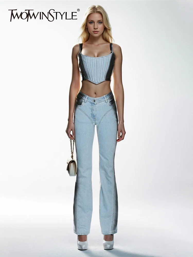 TWOTWINSTYLE Streetwear Colorblock Two Piece Set For Women Square Collar Sleeve Crop Top High Waist Flare Pant Denim Sets Female