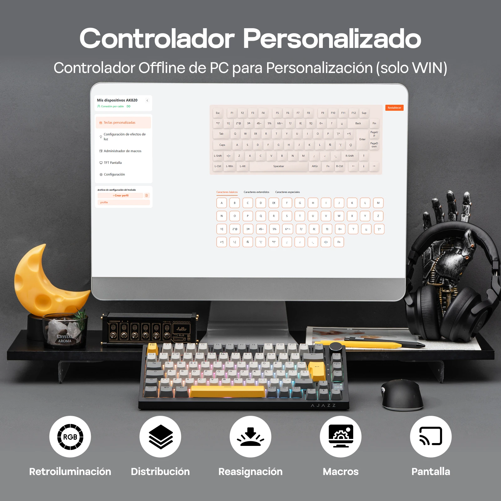 ISO-ES 레이아웃 EPOMAKER X AJAZZ AK820 PRO 75% 스페인어 레이아웃 유선/2.4GHz/BT 기계식 키보드 (스크린 및 노브 포함) PC/Mac용