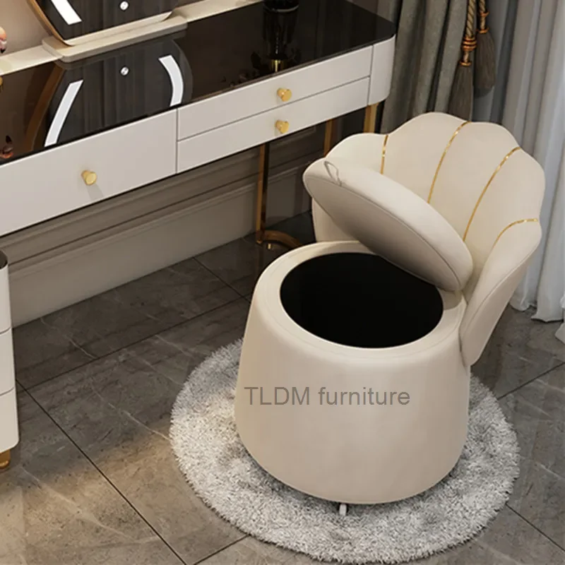 

Light Luxury Makeup Bench Bedroom Small Household Dressing Table Stool Storage with Backrest Round Stool Storage Makeup Chair