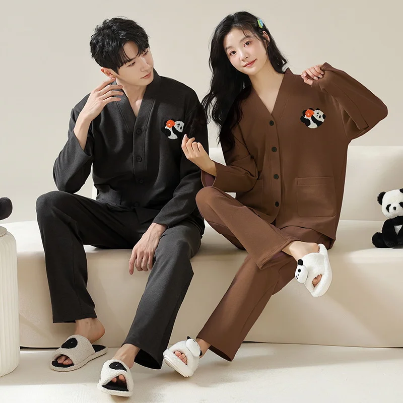 2023 Cotton Nightwear Couples Spring Men Long Pajamas Women Cardigan Fashion Print Thicken Loose Sleepwear