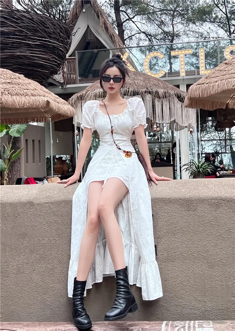Y2K Long Dresses for Women Puff Sleeve Lace-up A-line Off Shoulder Club Party Dress Summer New Korean Chic One Piece Vestido
