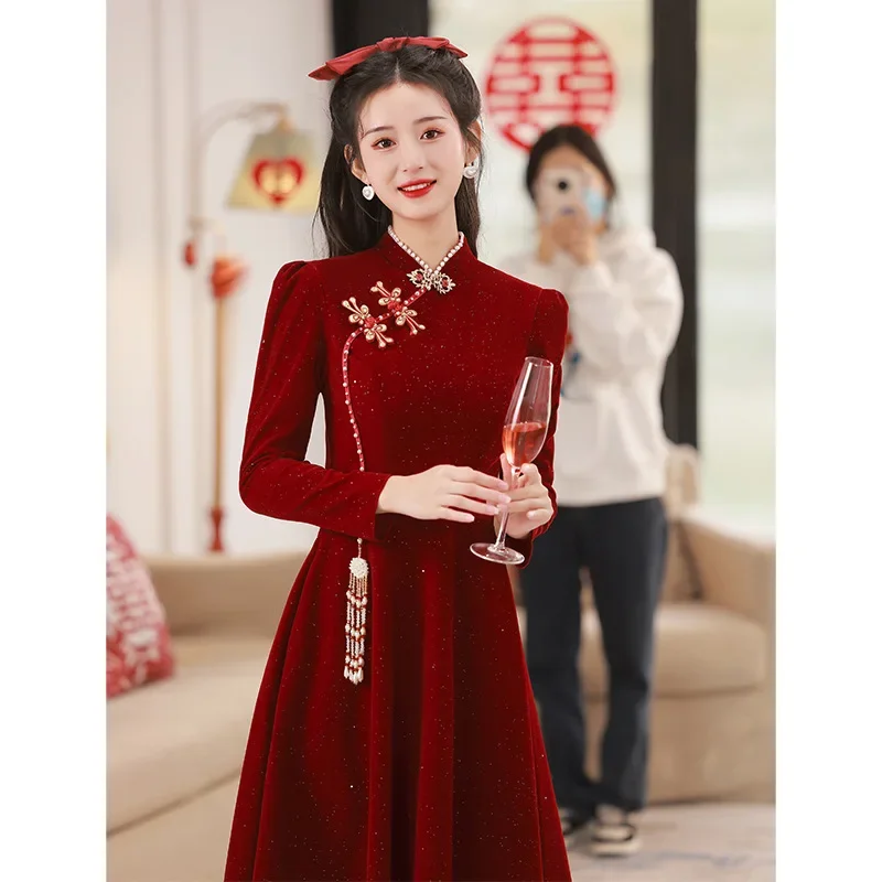 

Yourqipao Chinese Wedding Toast Evening Dresses 2024 New Red Wedding Engagement Cheongsam Hanfu Skirt Women Bridal Gowns