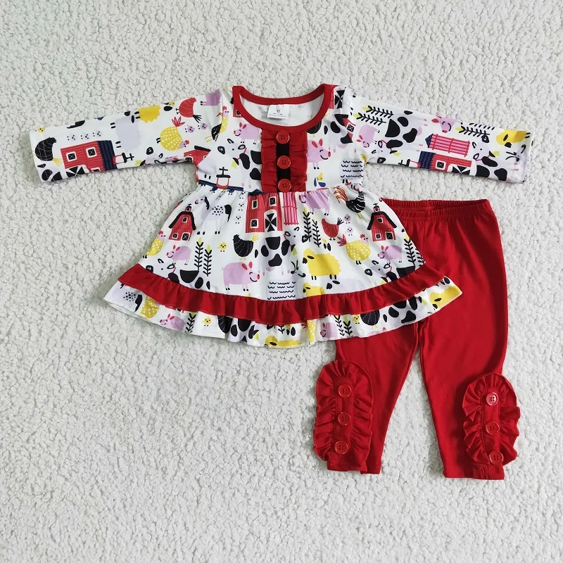 

New Arrivals Fall Fashion Hot Sale Farm White Long Sleeve Red Pants Set Baby Girls Wholesale Boutique Children Outfit