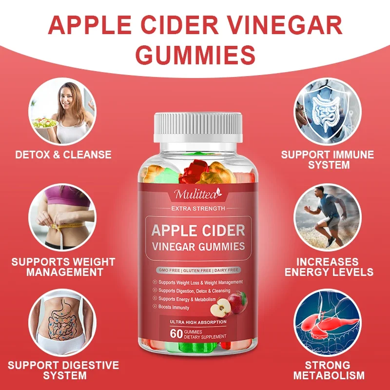 Mulittea Malic Acid Apple Cider Vinegar gummies for Boost Energy Detox & Fat Burner &flat belly Gut Health Body Management